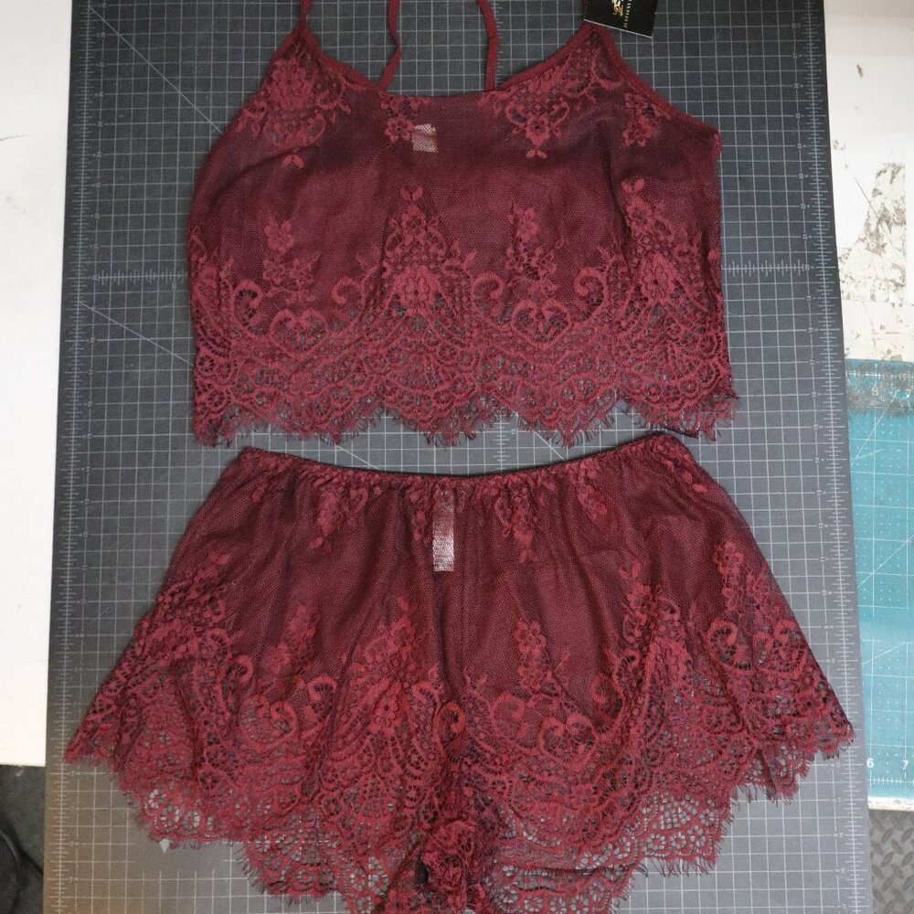 Lace Cami & Short Pajama Lingerie Set (MHA254) Burgundy - LARGE